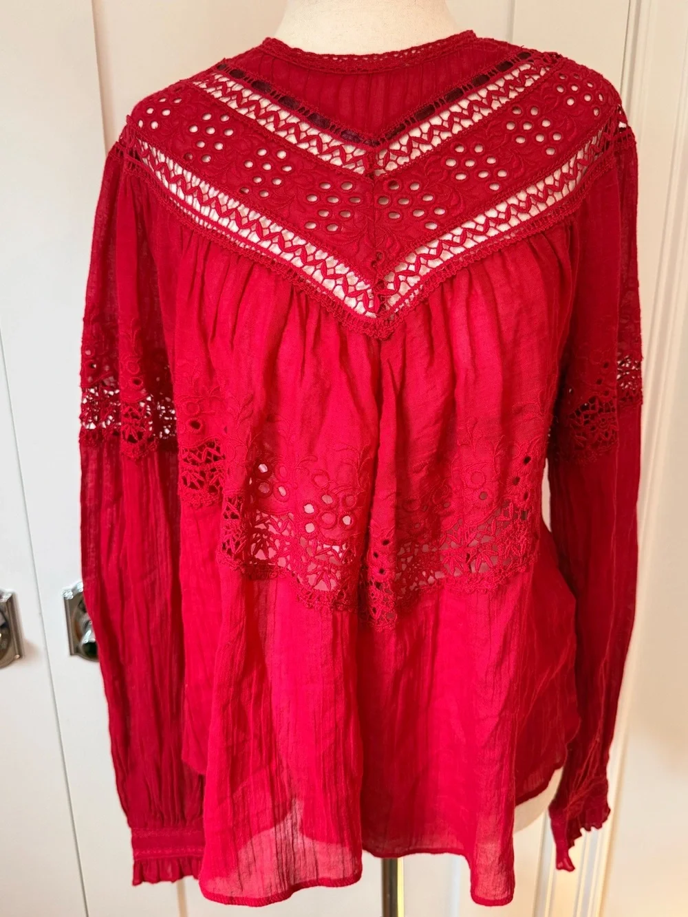 Free People Abigail Victorian Lace-Inset Red Feminine Blouse - Women Tops